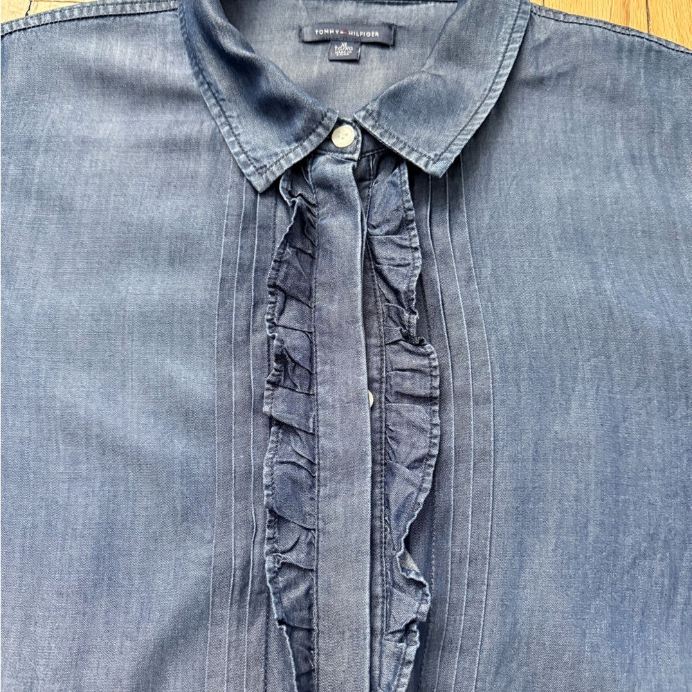 Tommy Hilfiger Indigo ruffle button down shirt - Picture 3 of 5